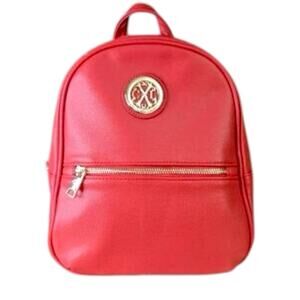 Christian LaCroix Small Red Backpack Black Straps Faux Leather Gold Logo Accents